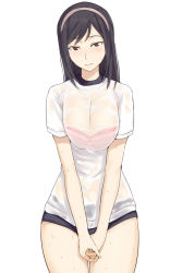 Rule 34 | 1girl, black hair, blush, bra, bra visible through clothes, breasts squeezed together, breasts, brown eyes, buruma, full-face blush, gym uniform, hairband, large breasts, long hair, looking at viewer, ogros, original, own hands together, pink bra, see-through, shirt, simple background, solo, sweat, underwear, wet, wet clothes, wet shirt, white background
