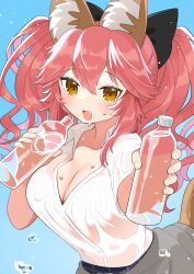Rule 34 | 1girl, :d, animal ears, bottle, bow, breasts, cleavage, clothes around waist, fang, fate/extella, fate/extra, fate (series), fox ears, fox girl, fox tail, hair bow, highres, jacket, jacket around waist, large breasts, long hair, open mouth, orange eyes, pink hair, smile, solo, sweat, tail, tamamo (fate), tamamo no mae (fate/extra), tamamo no mae (jk) (fate), tsukimi okayu, twintails, upper body, water bottle