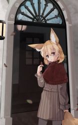 Rule 34 | 1girl, animal ears, blonde hair, capelet, cowboy shot, dress, extra ears, fennec (kemono friends), fox ears, fox girl, fox tail, grey dress, grey pants, highres, kemono friends, leaf, long sleeves, nanana (nanana iz), pants, pinstripe dress, pinstripe pattern, puffy sleeves, red capelet, short hair, solo, striped, tail, white hair