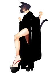 Rule 34 | 1girl, animal ears, bare legs, black hair, blending, cat ears, commentary request, full body, high heels, highres, japanese clothes, looking at viewer, multicolored hair, okobo, original, purple eyes, red hair, sandals, shoes, short hair, simple background, socks, solo, tabi, tail, toeless footwear, tsukino wagamo, two-tone hair, white background, white socks