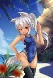 Rule 34 | absurdres, animal ear fluff, animal ears, black thighhighs, blue one-piece swimsuit, competition swimsuit, cowboy shot, day, hair between eyes, hand on own hip, highres, hotel01, one-piece swimsuit, one-piece tan, original, outdoors, palm tree, solo, standing, swimsuit, tan, tanline, thighhighs, tree
