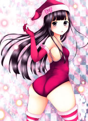 Rule 34 | 1girl, :o, alternate color school swimsuit, ass, black eyes, black hair, blush, bow, christmas, competition school swimsuit, elbow gloves, fur trim, gloves, hat, long hair, looking back, neuron (exceed), one-piece swimsuit, original, parted lips, red one-piece swimsuit, santa hat, school swimsuit, solo, striped clothes, striped thighhighs, swimsuit, thighhighs