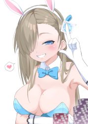 Rule 34 | 1girl, animal ears, asuna (blue archive), asuna (bunny) (blue archive), bad id, bad twitter id, bare shoulders, blue archive, blue bow, blue bowtie, blue eyes, bow, bowtie, breasts, brown hair, bubukka, cleavage, commentary request, condom, detached collar, fake animal ears, gloves, hair over one eye, heart, holding, holding condom, large breasts, leotard, long hair, looking at viewer, mole, mole on breast, playboy bunny, rabbit ears, simple background, smile, solo, spoken heart, upper body, white background, white gloves