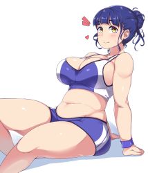 Rule 34 | 10s, 1girl, :&gt;, ^^^, belly, blue hair, blush, breasts, cleavage, hair bun, heart, highres, huge breasts, large breasts, looking at viewer, moisture (chichi), navel, nikuko (galko), open mouth, oshiete! galko-chan, plump, sideboob, simple background, single hair bun, sitting, smile, solo, sportswear, sweat, thick thighs, thighs, white background, wristband, yellow eyes