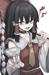 Rule 34 | 1girl, absurdres, bare shoulders, black choker, black hair, bow, choker, cigarette, detached sleeves, hair between eyes, hair bow, hair tubes, hakurei reimu, highres, hisha (kan moko), holding, holding cigarette, japanese clothes, long hair, looking at viewer, necktie, nontraditional miko, open mouth, red bow, red eyes, sidelocks, simple background, solo, tongue, tongue out, touhou, upper body, white background, white sleeves, wide sleeves, yellow necktie