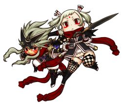 Rule 34 | 1boy, 1girl, black gloves, checkered clothes, checkered legwear, chibi, closed mouth, dagger, dual wielding, facial mark, gloves, hair between eyes, holding, holding dagger, holding knife, holding weapon, kaieda hiroshi, knife, long hair, long scarf, original, red eyes, red scarf, scarf, short eyebrows, thighhighs, transparent background, twintails, weapon