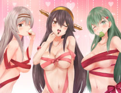 Rule 34 | 10s, 3girls, ;d, alternate costume, bare arms, bare shoulders, breasts, brown eyes, brown hair, candy, chocolate, chocolate covered strawberry, chocolate heart, chocolate on hand, cleavage, collarbone, cream, food, food on hand, fruit, gradient background, green eyes, green hair, grin, hair between eyes, hair ornament, hairband, hairclip, haruna (kancolle), head tilt, headgear, heart, heart hair ornament, holding, holding food, holding fruit, irohakaede, kantai collection, large breasts, licking, long hair, looking at viewer, looking to the side, mouth hold, multiple girls, naked ribbon, navel, one eye closed, open mouth, parted lips, red ribbon, ribbon, round teeth, shoukaku (kancolle), sideboob, silver hair, smile, stomach, straight hair, strawberry, suzuya (kancolle), teeth, tongue, tongue out, underboob, upper body, valentine, very long hair