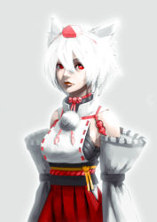 Rule 34 | 1girl, albino, animal ears, cowboy shot, detached sleeves, grey background, hat, highres, hiragana oufu, inubashiri momiji, japanese clothes, lips, long sleeves, looking at viewer, obi, pom pom (clothes), portrait, red eyes, sash, short hair, simple background, skirt, solo, string, tokin hat, touhou, turtleneck, upper body, white hair, wolf ears