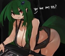 Rule 34 | 1girl, bent over, black bra, black choker, black nails, black tank top, bottomless, bra, bracelet, breasts, choker, cleavage, commentary, downblouse, earrings, english text, fingernails, green hair, green tail, hair ornament, highres, huge breasts, jewelry, long tail, mole, mole on ass, mole on breast, multiple earrings, multiple moles, naked shirt, original, pointy ears, record store, red eyes, reptile girl, shirt, shop, solo, symbol-only commentary, tail, tank top, underwear, zanamaoria