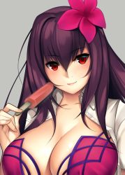Rule 34 | 1girl, blush, breasts, cleavage, closed mouth, collarbone, fate/grand order, fate (series), flower, food, hair flower, hair ornament, highres, large breasts, long hair, looking at viewer, open clothes, open shirt, popsicle, purple hair, red eyes, scathach (fate), scathach (fate), shirt, sidelocks, smile, solo, tony guisado, upper body, white shirt
