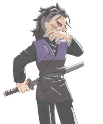 Rule 34 | 1boy, belt, black hair, black jacket, black pants, bruise, bruise on face, colored sclera, covered mouth, cowboy shot, demon slayer uniform, hand up, highres, injury, jacket, kimetsu no yaiba, long sleeves, looking away, looking to the side, male focus, medium hair, mohawk, pants, purple vest, red sclera, scar, scar on face, scar on nose, sheath, shinazugawa genya, simple background, solo, sword, torn clothes, torn sleeves, unsheathing, vest, weapon, weapon on back, white background, wiping face, zooooo co