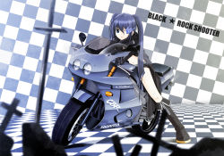 Rule 34 | 10s, 1girl, belt, black hair, black rock shooter, black rock shooter (character), blue eyes, boots, glowing, glowing eye, glowing eyes, honda, long hair, looking at viewer, motor vehicle, motorcycle, navel, shorts, solo, twintails, vehicle, yules
