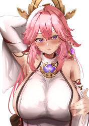 Rule 34 | 1girl, absurdres, animal ears, arm behind back, arm up, armpits, blush, breasts, closed mouth, detached sleeves, dress, earrings, fox ears, genshin impact, hair between eyes, highres, horin, huge breasts, japanese clothes, jewelry, long hair, looking at viewer, miko, pink hair, purple eyes, revision, sideboob, simple background, smile, solo, upper body, white background, white dress, wide sleeves, yae miko