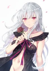 Rule 34 | 1girl, armpit crease, babydoll, bare shoulders, bottomless, breasts, collarbone, flower, groin, holding, large breasts, lingerie, long hair, looking at viewer, navel, original, parted lips, red eyes, red flower, rose, silver hair, simple background, solo, stomach, tetsu tissue, underwear, upper body, white background