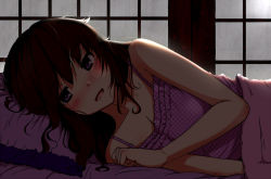 Rule 34 | 1girl, bed sheet, blanket, blush, breasts, brown hair, camisole, cleavage, dark, hair down, himekaidou hatate, himeshita johnny mafuyu, looking at viewer, mid win h, on bed, pillow, polka dot, pov across bed, purple eyes, small breasts, solo, touhou, under covers, window