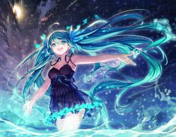 Rule 34 | 1girl, :d, ahoge, aqua eyes, aqua hair, armpits, dress, hatsune miku, long hair, night, night sky, open mouth, outdoors, outstretched arms, pen, pen (steelleets), sky, smile, solo, spread arms, star (sky), starry sky, twintails, very long hair, vocaloid, wading, water
