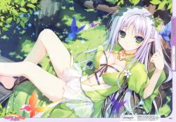 Rule 34 | 1girl, absurdres, barefoot, bird, blush, bow, bow panties, breasts, bug, bustier, butterfly, character request, chikotam, cleavage, cleavage cutout, clothing cutout, dappled sunlight, dress, elf, field, from above, grass, green dress, green eyes, grey hair, highres, huge filesize, insect, jewelry, large breasts, legs, looking at viewer, looking up, necklace, original, panties, plant, pointy ears, puffy short sleeves, puffy sleeves, see-through, short sleeves, sitting, skirt, sunlight, tareme, tree, underwear, white panties