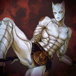 Rule 34 | 1boy, abs, black gloves, bright pupils, closed mouth, diamond wa kudakenai, gloves, highres, jojo no kimyou na bouken, killer queen, lips, looking at viewer, male focus, meron nouka, muscular, muscular male, partially fingerless gloves, solo, stand (jojo), topless male, white pupils