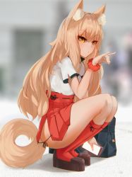 Rule 34 | 10s, 1girl, absurdres, animal ear fluff, animal ears, bag, bag charm, black footwear, blonde hair, blurry, blurry background, blush, cellphone, charm (object), closed mouth, commission, day, ehrrr, fate/extra, fate (series), fox ears, fox shadow puppet, fox tail, from side, full body, hakama, hakama short skirt, hakama skirt, high-waist skirt, highres, holding, holding phone, japanese clothes, kneehighs, long hair, looking at viewer, looking to the side, medium skirt, outdoors, phone, platform footwear, pouty lips, red scrunchie, red skirt, red socks, ribbon-trimmed skirt, ribbon trim, school bag, scrunchie, shirt, shoes, short sleeves, skirt, smartphone, socks, solo, squatting, suzuka gozen (fate), tail, thighs, tsurime, very long hair, white shirt, wrist scrunchie, yellow eyes