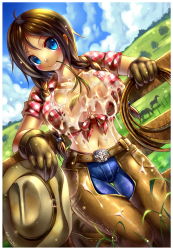 Rule 34 | 1girl, belt, belt buckle, blue eyes, blush, braid, breasts, brown hair, buckle, bukkake, chaps, closed mouth, clothes, cowboy hat, cowboy western, cum, cum on body, cum on breasts, cum on clothes, cum on lower body, cum on upper body, day, denim, emperpep, eyebrows, female focus, fence, front-tie top, gloves, hat, horse, jeans, large breasts, lasso, long hair, looking at viewer, midriff, original, outdoors, pants, plaid, plaid shirt, rope, shirt, smile, solo, thigh gap, twin braids