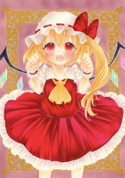 Rule 34 | 1girl, absurdres, ascot, blonde hair, claw pose, colored pencil (medium), fangs, flandre scarlet, gao, hat, highres, mob cap, open mouth, paw pose, red eyes, short sleeves, skin fangs, skirt, solo, touhou, traditional media, wings, wrist cuffs, yuuki hana (jtnp5334)