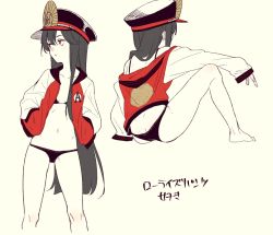 Rule 34 | 1girl, ass, bad id, bad pixiv id, bikini, black bikini, black hair, black hat, breasts, butt crack, collarbone, dimples of venus, family crest, fate/grand order, fate (series), hat, jacket, knee up, kodamari, koha-ace, legs, letterman jacket, long hair, long sleeves, looking to the side, navel, oda nobunaga (fate), oda nobunaga (koha-ace), oda nobunaga (swimsuit berserker) (fate), oda nobunaga (swimsuit berserker) (first ascension) (fate), oda uri, off shoulder, open clothes, open jacket, peaked cap, red eyes, simple background, sitting, small breasts, solo, swimsuit, thighs, white background