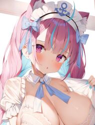 Rule 34 | 1girl, ahoge, animal ears, aqua bow, aqua ribbon, blue hair, blue nails, blunt bangs, blush, bow, braid, breasts, cat ears, cleavage, clothes lift, collar, colored inner hair, commentary, crown braid, detached collar, extra ears, frilled collar, frilled hairband, frilled sleeves, frills, hair between eyes, hair bow, hairband, highres, hololive, lace trim, large breasts, lingerie, long hair, looking at viewer, low twin braids, maid headdress, minato aqua, multicolored hair, multiple hair bows, neck ribbon, open clothes, open mouth, open shirt, puffy short sleeves, puffy sleeves, purple eyes, ribbon, saki (saki paint), shirt, shirt lift, short sleeves, single off shoulder, solo, spaghetti strap, streaked hair, twin braids, two-tone hair, underwear, virtual youtuber, white background, white shirt