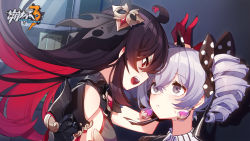 Rule 34 | 2girls, ahoge, ai xiao meng, black hair, blush, bow, bronya zaychik, colored inner hair, copyright name, drill hair, earrings, grey eyes, hair bow, highres, honkai (series), honkai impact 3rd, implied yuri, jewelry, kabedon, logo, looking at another, multicolored hair, multiple girls, official art, open mouth, polka dot, polka dot bow, red hair, seele (alter ego), seele vollerei, seele vollerei (starchasm nyx), silver hair, two-tone hair