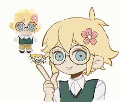 Rule 34 | 1boy, basil (faraway) (omori), basil (omori), bespectacled, black-framed eyewear, blonde hair, blue eyes, blush, buck teeth, character doll, closed mouth, collared shirt, flower, glasses, green sweater vest, hair flower, hair ornament, index finger raised, looking at viewer, male focus, omori, round eyewear, shirt, short hair, short sleeves, simple background, smile, solo, stuffed toy, sweater vest, tate ware anal, teeth, white background, white shirt