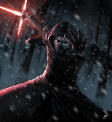 Rule 34 | 1boy, adam ryu ford, blizzard, cloak, energy sword, first order, forest, gloves, helmet, highres, holding, holding sword, holding weapon, hood, hooded cloak, kylo ren, lightsaber, long sleeves, looking at viewer, male focus, mask, nature, outstretched arms, plant, realistic, science fiction, snow, solo, star wars, star wars: the force awakens, starkiller base, sword, tree, weapon