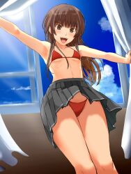 Rule 34 | 1girl, amagami, armpits, arms at sides, bikini, blush, breasts, brown eyes, brown hair, curtain grab, curtains, grey skirt, highres, indoors, kamizaki risa, knees, long hair, looking at viewer, looking down, navel, open mouth, outstretched arms, pleated skirt, ribs, skirt, small breasts, solo, spread arms, string bikini, sunlight, swimsuit, takenoko saba otto, teeth, thighs, upper teeth only, upskirt, window