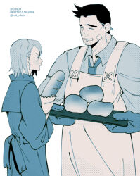 Rule 34 | 1boy, 1girl, ace attorney, apron, bread, closed eyes, collared shirt, dick gumshoe, earrings, facial hair, food, franziska von karma, goatee stubble, grin, japanese clothes, jewelry, loaf of bread, long sleeves, monochrome, necktie, oven mitts, pencil behind ear, rat nkmi, shirt, short hair, smile, stubble, twitter username