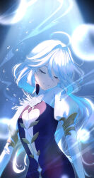 Rule 34 | 1girl, absurdres, black dress, blue hair, bubble, closed eyes, closed mouth, cowlick, dissolving, dress, furina (genshin impact), genshin impact, hair between eyes, highres, juliet sleeves, kinaco 4738, light blue hair, light particles, long hair, long sleeves, puffy sleeves, solo, spotlight, turning head, two-tone dress, upper body, wavy hair