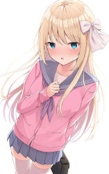 Rule 34 | 1girl, blonde hair, blue eyes, blue sailor collar, blue skirt, blush, breasts, briefcase, cardigan, commentary request, holding, holding briefcase, long hair, looking at viewer, neckerchief, nekokobushi, open mouth, original, pink cardigan, pleated skirt, purple neckerchief, sailor collar, school uniform, serafuku, simple background, skirt, solo, thighhighs, white background, white thighhighs