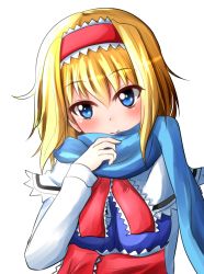 Rule 34 | 1girl, alice margatroid, blonde hair, blue dress, blue eyes, blue scarf, blush, breasts, capelet, closed mouth, dress, hairband, head tilt, highres, lolita hairband, long sleeves, looking at viewer, medium breasts, oshiaki, sash, scarf, short hair, smile, solo, touhou, upper body