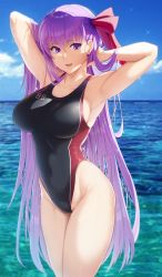 Rule 34 | 1girl, :d, armpits, arms up, bare hips, bb (fate), bb (fate/extra), black one-piece swimsuit, blue sky, blurry, blurry background, blush, breasts, cloud, collarbone, competition swimsuit, cowboy shot, day, depth of field, fate/grand order, fate (series), groin, hair ribbon, highleg, highleg swimsuit, highres, large breasts, long hair, looking at viewer, ocean, one-piece swimsuit, open mouth, outdoors, pink ribbon, purple eyes, purple hair, ribbon, sky, smile, solar (happymonk), solo, sparkle, straight hair, swimsuit, thighs, very long hair, water, wet