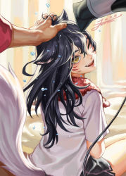 Rule 34 | 1boy, 1girl, absurdres, ahri (league of legends), animal ears, black shorts, brown eyes, dated, drying, drying hair, fox ears, fox girl, fox tail, hair dryer, highres, league of legends, looking back, one eye closed, open mouth, pov, pov hands, red towel, shirt, shorts, signature, sitting, smile, solo focus, tail, tiger june, towel, towel around neck, white shirt, aged down