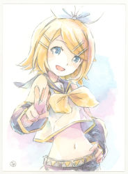 Rule 34 | 1girl, ascot, bare shoulders, belt, blonde hair, blue eyes, bow, breasts, crop top, detached sleeves, epoxy putty, graphite (medium), hair bow, hair ornament, hairclip, hand on own hip, kagamine rin, leg warmers, looking at viewer, marker (medium), midriff, narrow waist, navel, neckerchief, open mouth, painting (medium), sailor collar, sailor shirt, shirt, shorts, skinny, sleeveless, sleeveless shirt, small breasts, smile, solo, traditional media, treble clef, v, vocaloid, watercolor (medium), white bow, yellow ascot, yellow neckerchief