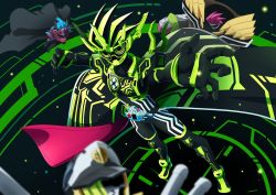 Rule 34 | 4boys, absurdres, armor, bang bang simulations level 50, belt, cape, clock, coat, commentary request, highres, kamen rider, kamen rider brave, kamen rider cronus, kamen rider ex-aid, kamen rider ex-aid (series), kamen rider snipe, male focus, maximum mighty x level 99, multiple boys, otokamu, outstretched arm, taddle fantasy level 50, trench coat