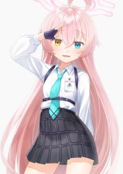 Rule 34 | 1girl, ahoge, arm behind back, black gloves, blue archive, blue eyes, blue necktie, chest harness, chisi, collared shirt, cowboy shot, fang, fingerless gloves, gloves, grey skirt, hair between eyes, halo, hand up, harness, heterochromia, highres, hoshino (blue archive), id card, light blush, long hair, long sleeves, looking at viewer, necktie, orange eyes, parted lips, pink hair, plaid, plaid skirt, salute, shirt, shirt tucked in, simple background, skirt, smile, solo, very long hair, white background, white shirt