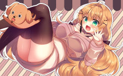 Rule 34 | 1girl, ahoge, bare shoulders, black bow, black thighhighs, blonde hair, blush, bow, breasts, brown sweater, commentary request, diagonal stripes, feet out of frame, green eyes, hair between eyes, hair bow, hair intakes, hair ornament, hairclip, holding, holding stylus, knees up, long hair, long sleeves, medium breasts, off-shoulder sweater, off shoulder, original, outline, puffy long sleeves, puffy sleeves, sleeves past wrists, solo, striped, striped background, stylus, suzunone rena, sweater, thighhighs, very long hair, white outline