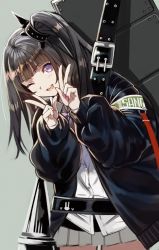 Rule 34 | 1girl, ;d, architect (girls&#039; frontline), armband, black hair, black jacket, blush, breasts, collared shirt, cowboy shot, double v, girls&#039; frontline, grey skirt, head tilt, highres, jacket, leaning forward, long hair, looking at viewer, nail polish, one eye closed, one side up, open clothes, open jacket, open mouth, pink eyes, pleated skirt, purple neckwear, red nails, ripod, sangvis ferri, school uniform, shirt, skirt, smile, v, weapon case