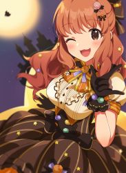 Rule 34 | 1girl, :3, :d, \m/, black gloves, blurry, blurry background, blush, bow, breasts, brown eyes, brown skirt, buttons, cowboy shot, depth of field, double-breasted, gloves, hair bow, high-waist skirt, highres, idolmaster, idolmaster cinderella girls, idolmaster cinderella girls starlight stage, inuyama nanami, large breasts, looking at viewer, moroboshi kirari, one eye closed, open mouth, orange hair, skirt, smile, solo