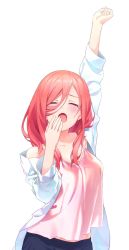 Rule 34 | 1girl, arm up, blush, camisole, closed eyes, collarbone, commentary request, covering own mouth, ganko-chan (shashaneko123), go-toubun no hanayome, hair between eyes, hand over own mouth, hand up, highres, long hair, long sleeves, nakano miku, open mouth, pink camisole, red hair, shirt, simple background, sleepy, solo, tears, white background, white shirt, yawning