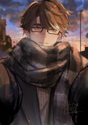 Rule 34 | 1boy, absurdres, black-framed eyewear, black coat, brown hair, building, bush, checkered clothes, checkered scarf, chinese commentary, cloud, coat, colored tips, commentary, glasses, highres, honkai: star rail, honkai (series), lamppost, looking at viewer, male focus, meme, multicolored hair, outdoors, pov, pov cheek warming (meme), road, scarf, shuofei crescent, signature, smile, solo, straight-on, street, sunset, sweater, upper body, welt yang, white sweater, yellow eyes
