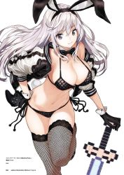 Rule 34 | 1girl, animal ears, bare shoulders, black bow, black bowtie, black bra, black footwear, black gloves, black panties, black ribbon, bow, bowtie, bra, breasts, cleavage, closed mouth, controller, detached collar, dualshock, fake animal ears, fishnet thighhighs, fishnets, game controller, gamepad, gloves, hair between eyes, hairband, hand on own hip, highres, jacket, large breasts, leaning forward, leg up, long hair, long sleeves, looking at viewer, navel, open clothes, open jacket, original, panties, playstation controller, purple eyes, rabbit ears, rabbit tail, ribbon, saitou masatsugu, shoes, side-tie panties, sidelocks, simple background, skytube, sleeves pushed up, smile, solo, stomach, sword, tail, thighhighs, underwear, underwear only, unzipped, usada yuu, wavy hair, weapon, white background, white hair, zipper