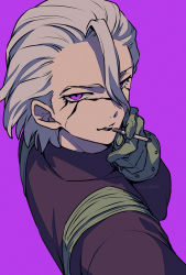 Rule 34 | 1boy, asada hachi, banned artist, black jacket, black lips, cigarette, commentary, dr. stone, facial mark, gloves, grey hair, hair between eyes, highres, holding, holding cigarette, jacket, lipstick, looking at viewer, makeup, male focus, purple background, purple eyes, short hair, simple background, solo, stanley snyder (dr. stone), symbol-only commentary, twitter username, watermark