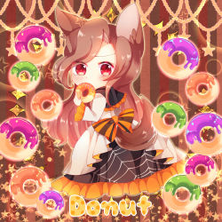 Rule 34 | 1girl, absurdres, animal ears, blush, bow, brown hair, capelet, chibi, doughnut, dress, english text, food, frilled dress, frills, halloween, highres, holding, holding food, imaizumi kagerou, long hair, long sleeves, looking at viewer, looking back, orange bow, ratto (mobilis 1870), red eyes, solo, spider web print, star (symbol), starry background, striped, striped background, striped bow, tail, touhou, very long hair, werewolf, wolf ears, wolf tail
