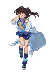 Rule 34 | 1girl, bike shorts, brown hair, floating hair, full body, glasses, hand on own face, highres, lab coat, long hair, long sleeves, looking at viewer, mizuto umi (blue monday), mizutoumi (graphic loops), necktie, off shoulder, official art, open mouth, purple eyes, rimless eyewear, seijou shinri, simple background, skirt, solo, standing, toys drive, twintails, white background