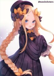 Rule 34 | 1girl, abigail williams (fate), alternate hairstyle, black bow, black dress, black hat, blonde hair, blue eyes, blush, bow, braid, breasts, dress, fate/grand order, fate (series), forehead, hair bow, hat, long hair, looking at viewer, multiple hair bows, open mouth, orange bow, parted bangs, polka dot, polka dot bow, ribbed dress, sidelocks, sleeves past fingers, sleeves past wrists, small breasts, smile, solo, suzuho hotaru, twin braids